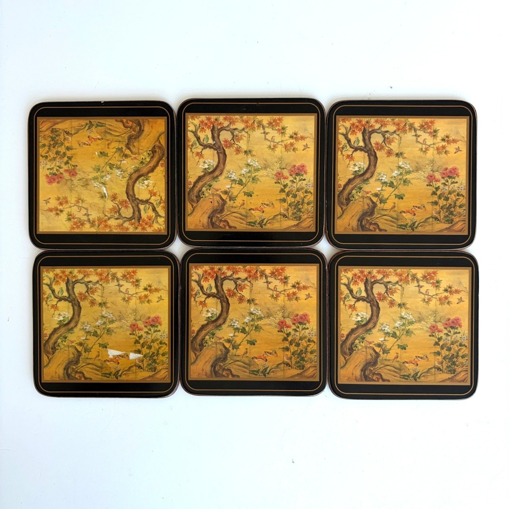 Vintage Pimpernel England Chinoiserie Cork Coasters Set of 6 Gold Bird Floral